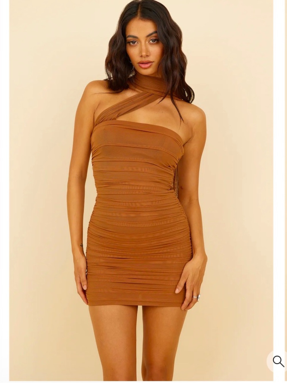 Brown One-Shoulder Ruched Mini Dress - Picture 2 of 9